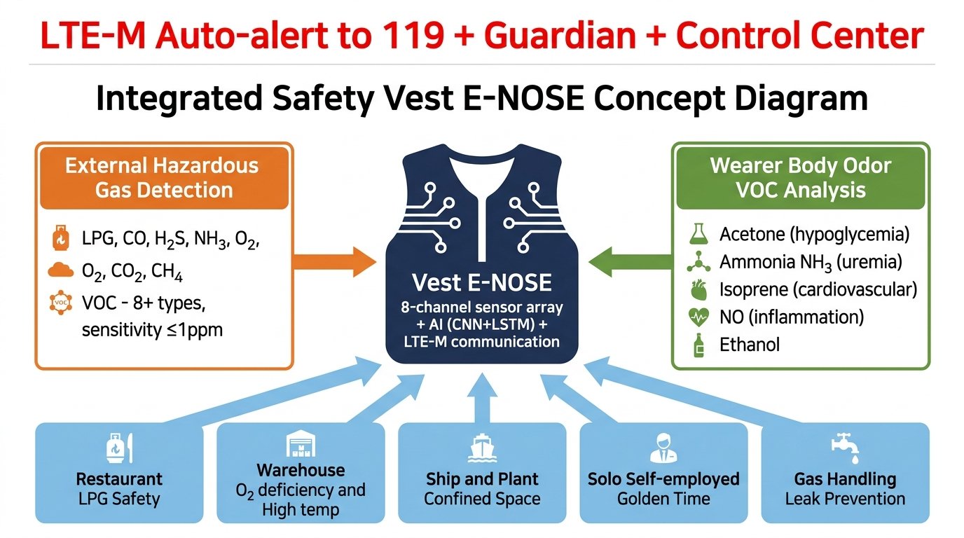 E-NOSE 듀얼 모니터링 컨셉 — 외부 유해가스와 착용자 VOC 동시 감지