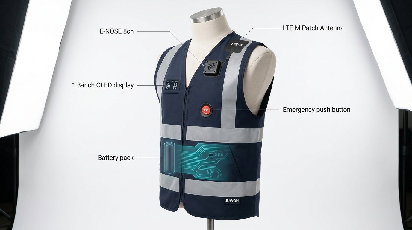 주원 SafetyVest E-NOSE 통합 안전조끼 — 8채널 가스센서, OLED, LTE-M, SOS, 배터리 콜아웃