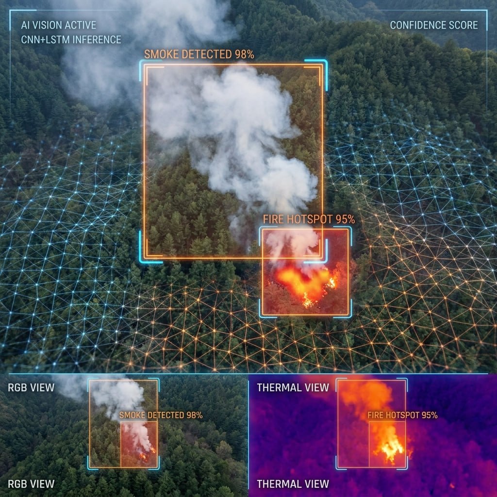 Sky-Eye Fire CNN+LSTM AI 영상 분석 — RGB·열화상에서 연기와 화점을 신뢰도와 함께 검출